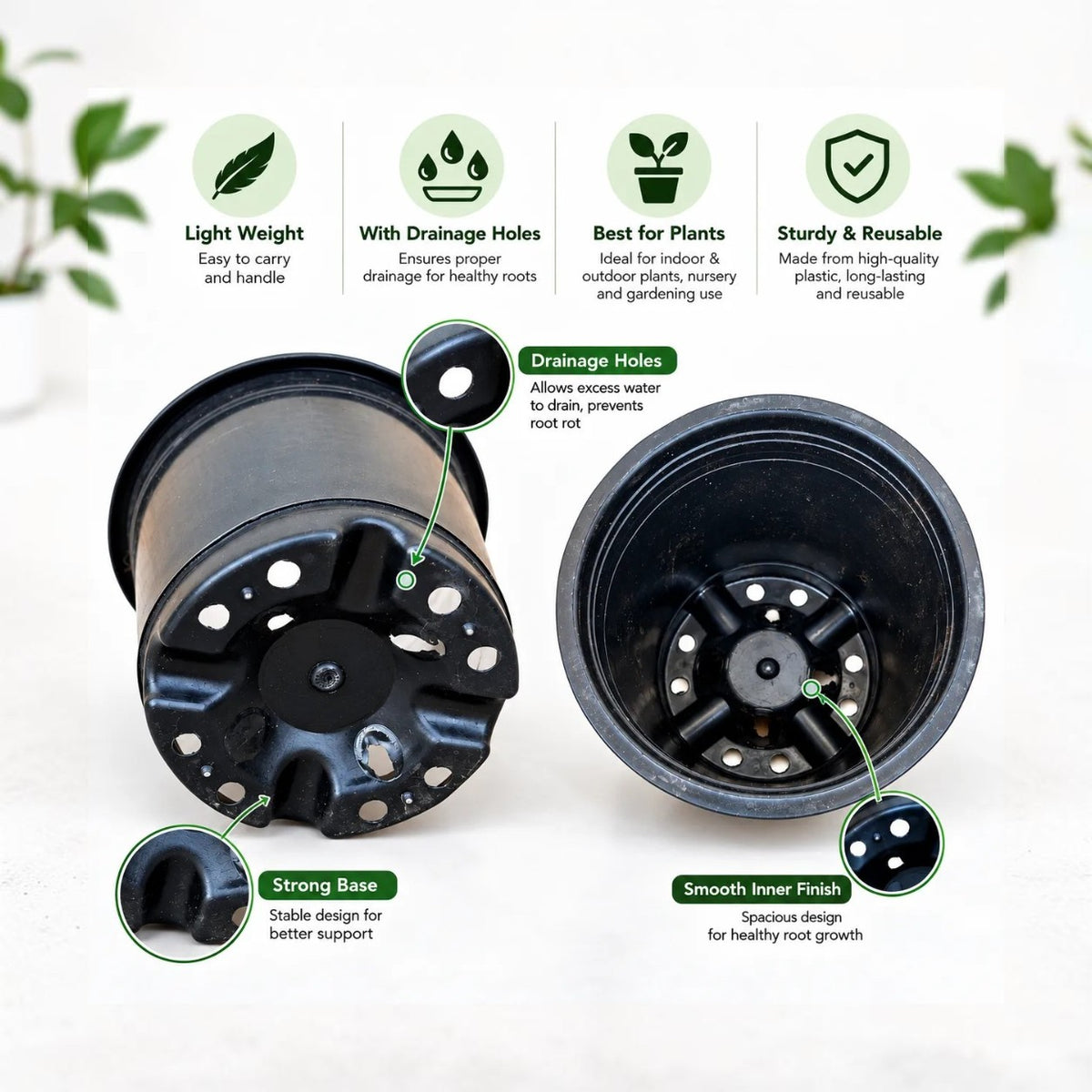 Nursery Pot 6" Inch | Black | Pack of 15 | Light Weight | Pot for Indoor-Outdoor Garden