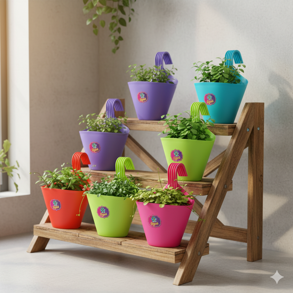 Balcony Railing Planters (Set of 5) | Non-Fading, UV Resistant, Stylish & Durable Hook Pots