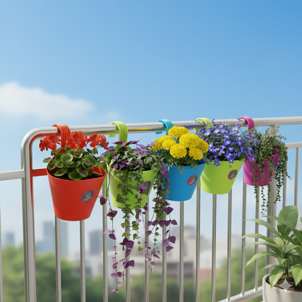 Balcony Railing Planters (Set of 5) | Non-Fading, UV Resistant, Stylish &amp; Durable Hook Pots