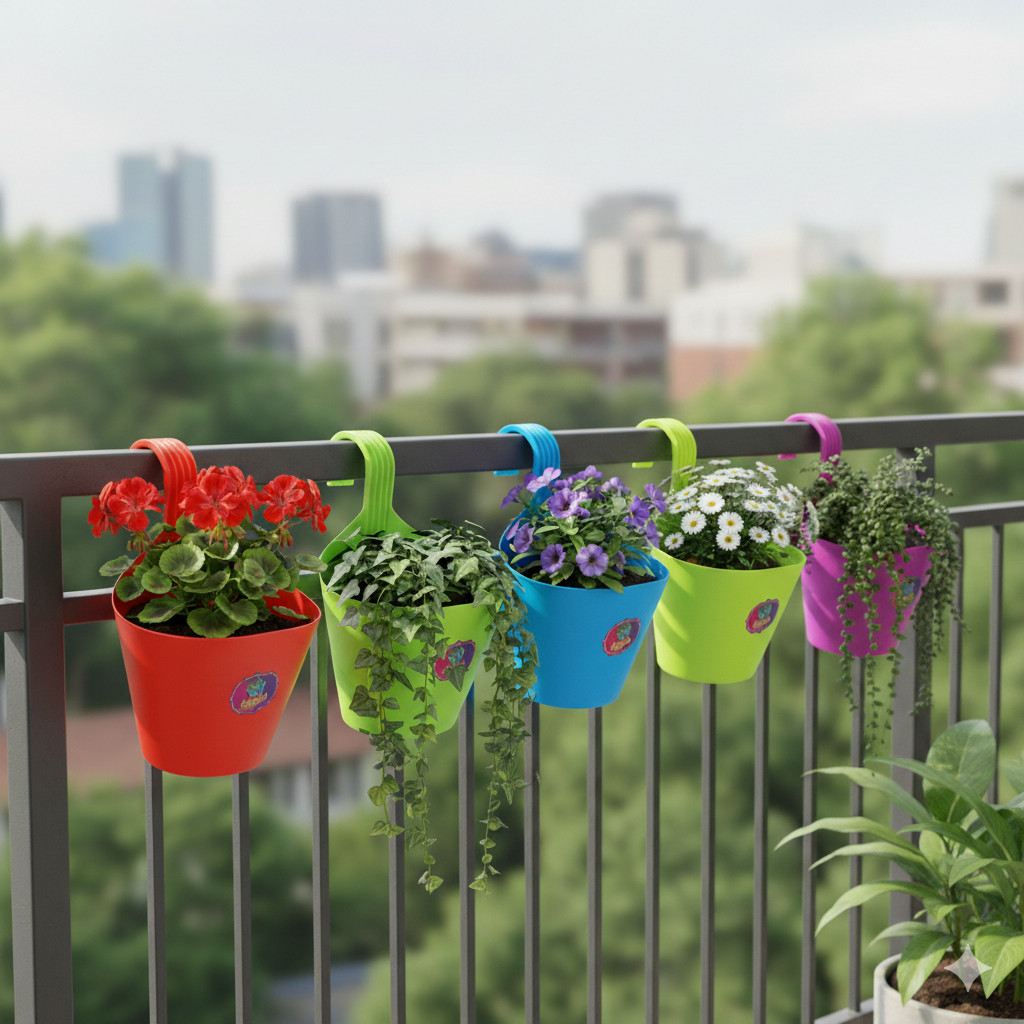 Balcony Railing Planters (Set of 5) | Non-Fading, UV Resistant, Stylish &amp; Durable Hook Pots