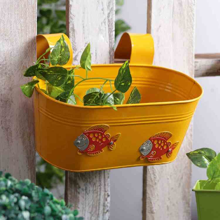 Fish Metal Tub Railing Planter Yellow