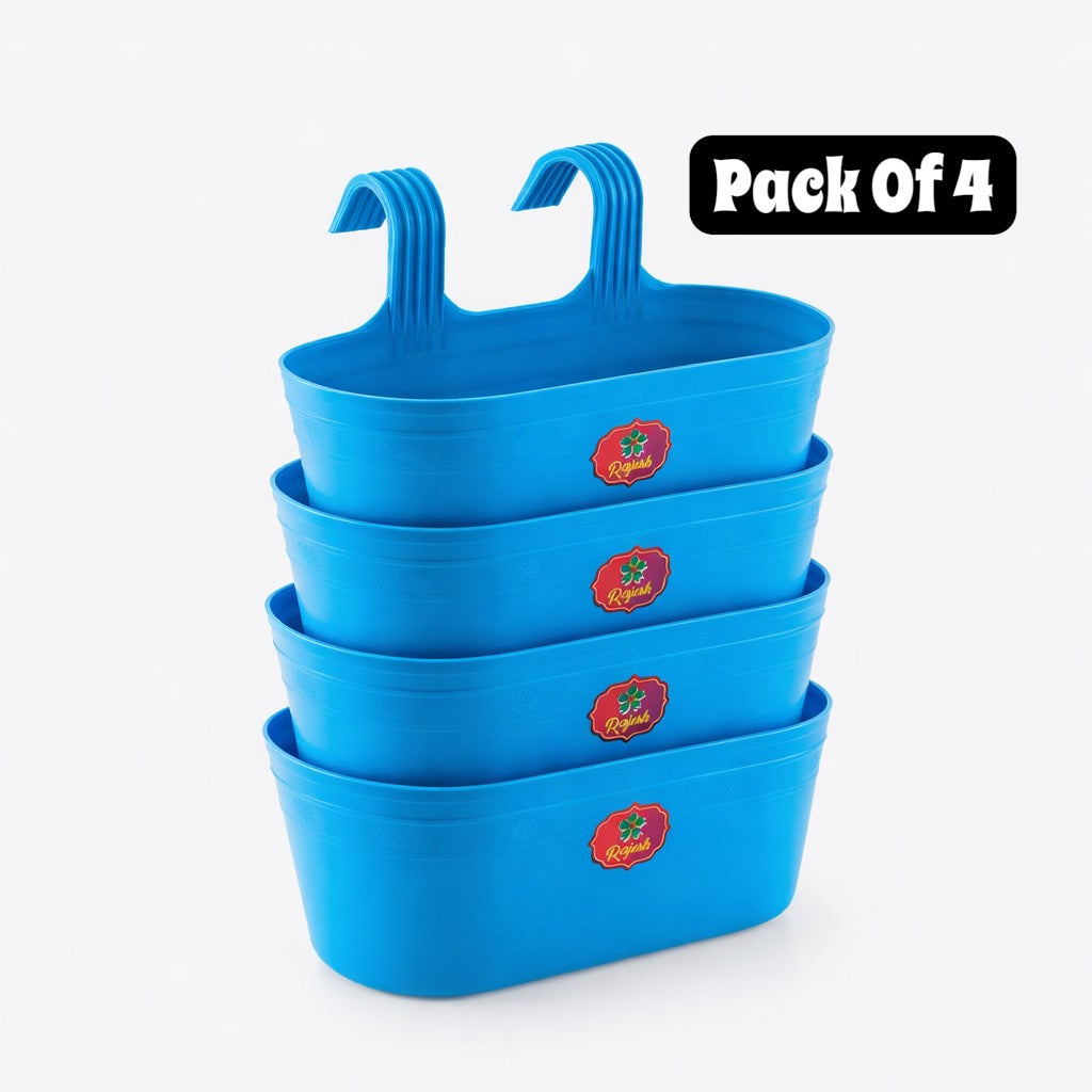 Set of four blue plastic baskets with handles. 
